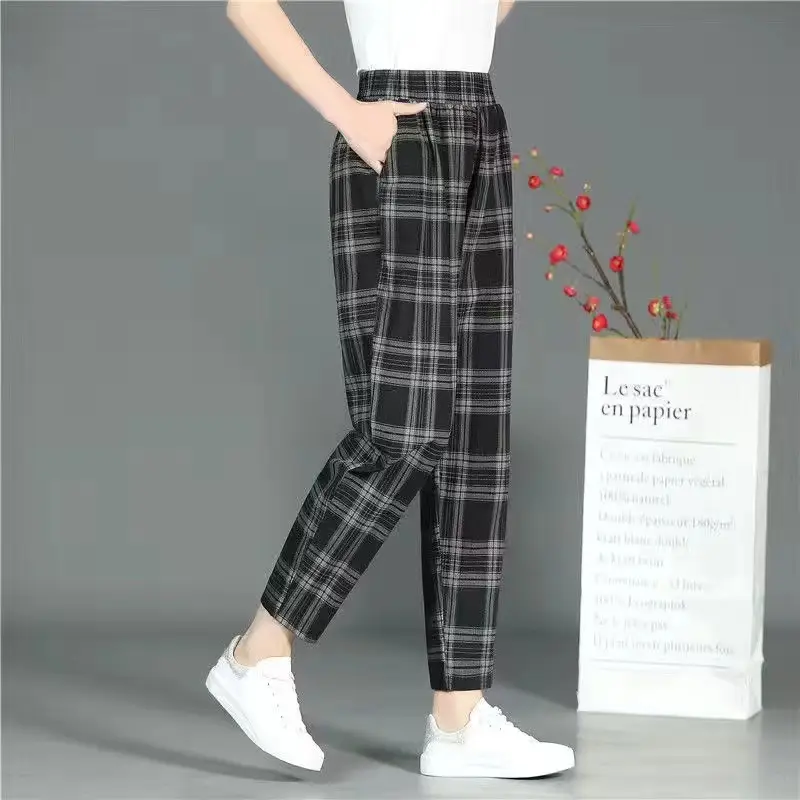 Women Printed Harem Pants Drawstring Waist Black Beige - Image 11
