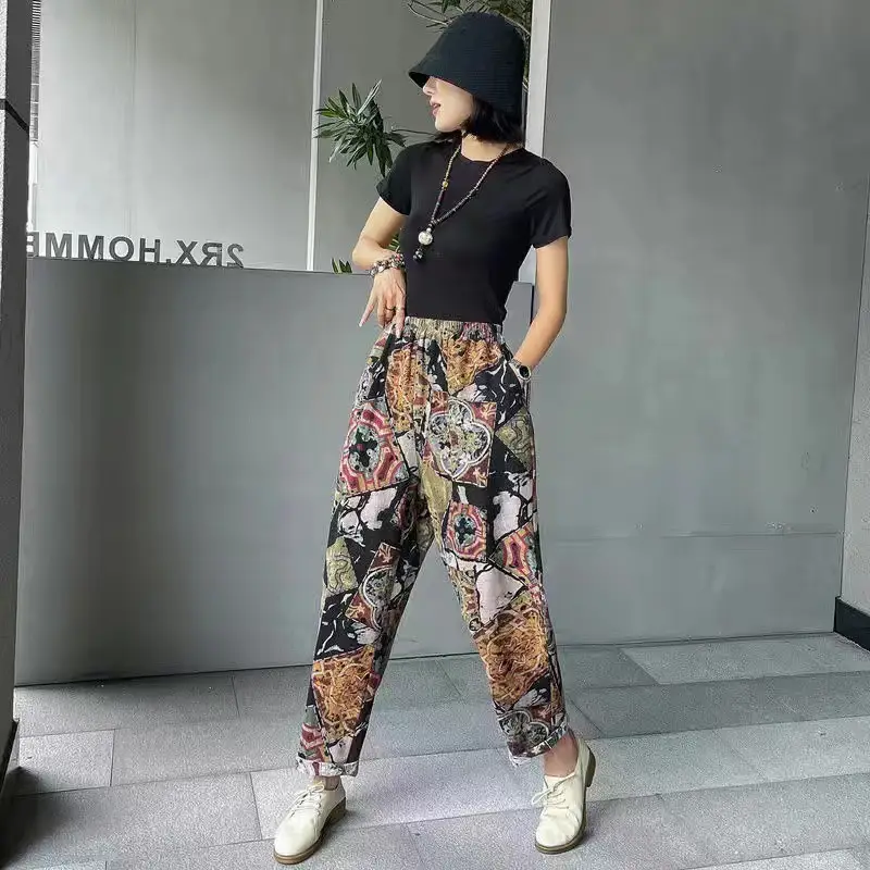 Women Printed Harem Pants Drawstring Waist Black Beige - Image 12