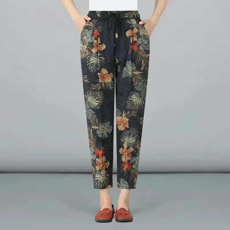 Women Printed Harem Pants Drawstring Waist Black Beige - Image 20