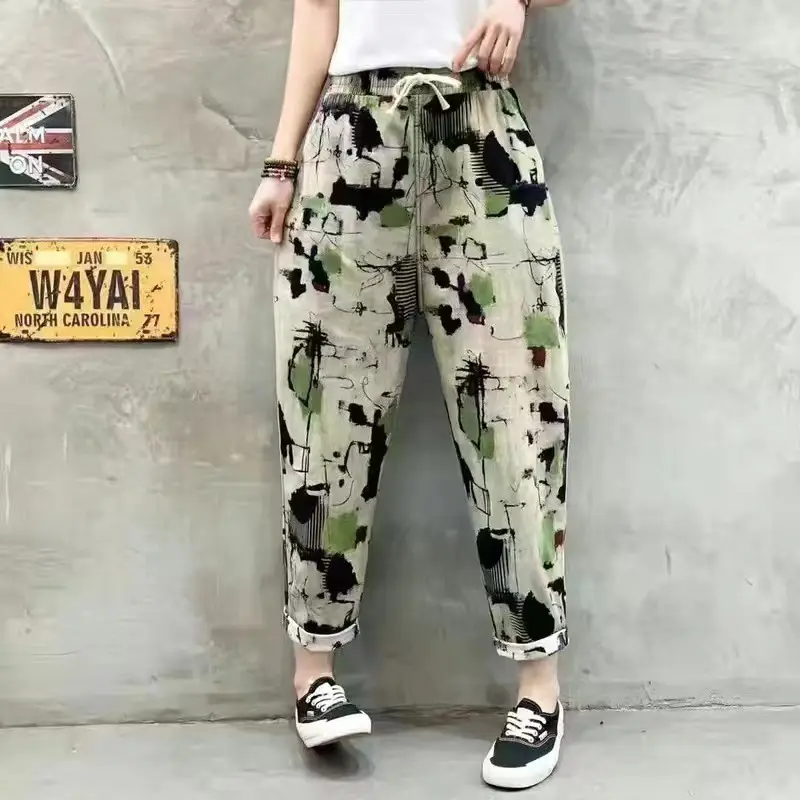 Women Printed Harem Pants Drawstring Waist Black Beige - Image 21