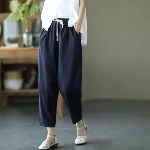 Women Printed Harem Pants Drawstring Waist Black Beige - Image 3