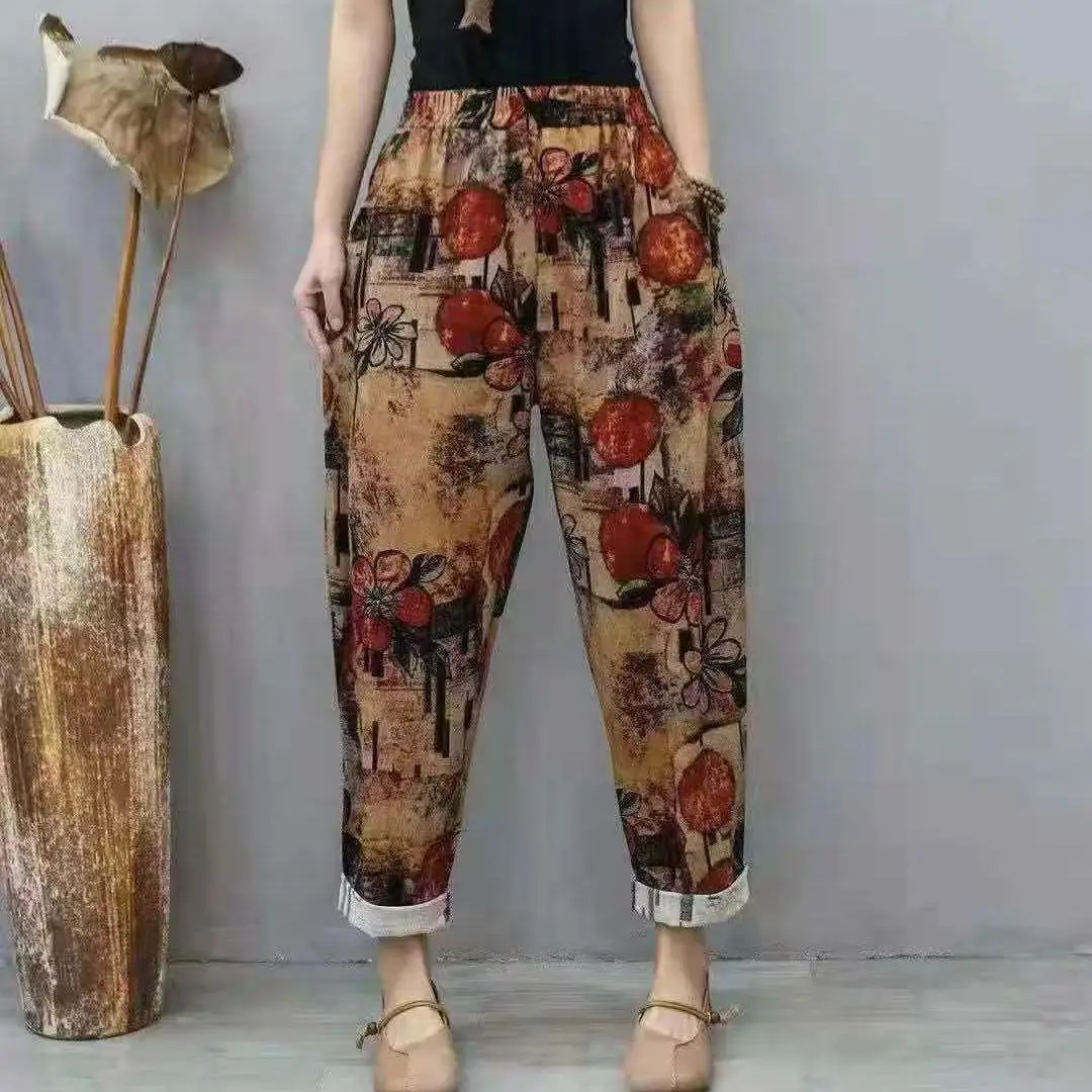 Women Printed Harem Pants Drawstring Waist Black Beige - Image 23