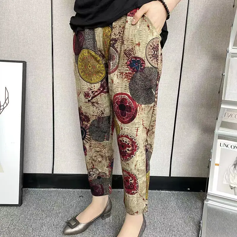 Women Printed Harem Pants Drawstring Waist Black Beige - Image 24