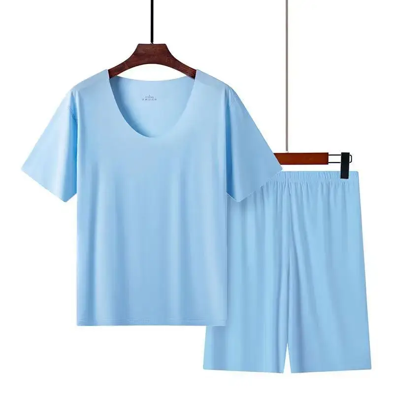Men's Gray Ice Silk Pajamas Set Slim Fit Shorts - Image 10