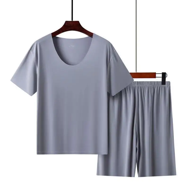 Men's Gray Ice Silk Pajamas Set Slim Fit Shorts - Image 7