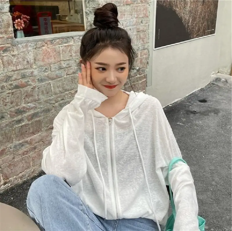 Women Loose Zipper Hooded T-Shirt Sun Protection