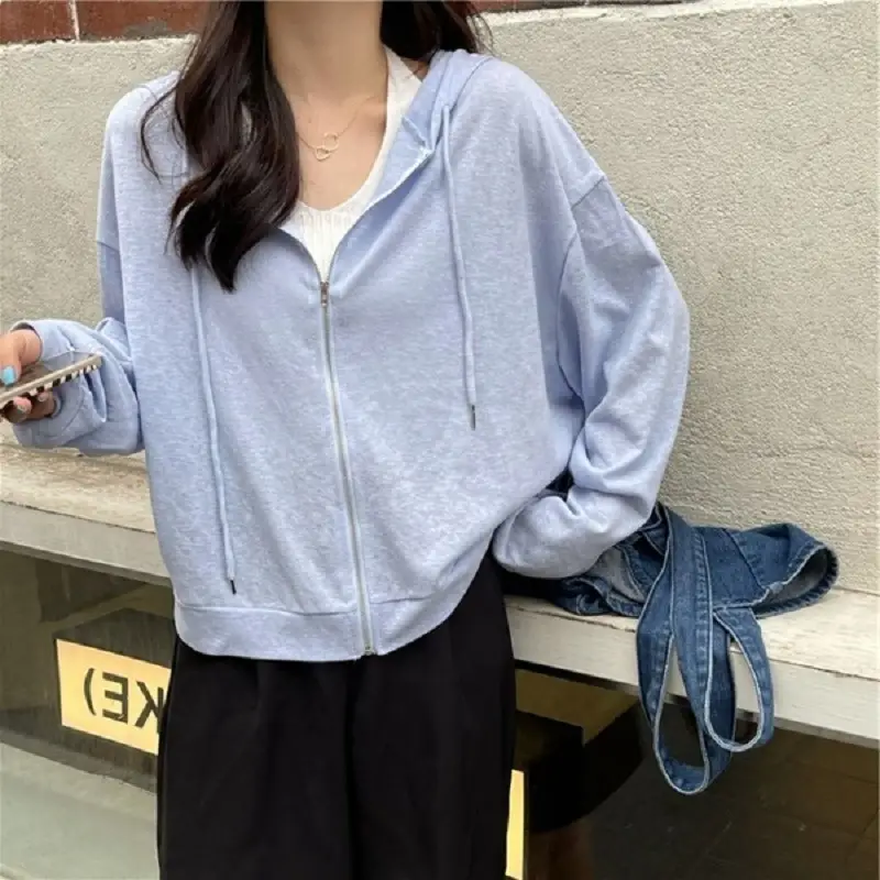 Women Loose Zipper Hooded T-Shirt Sun Protection