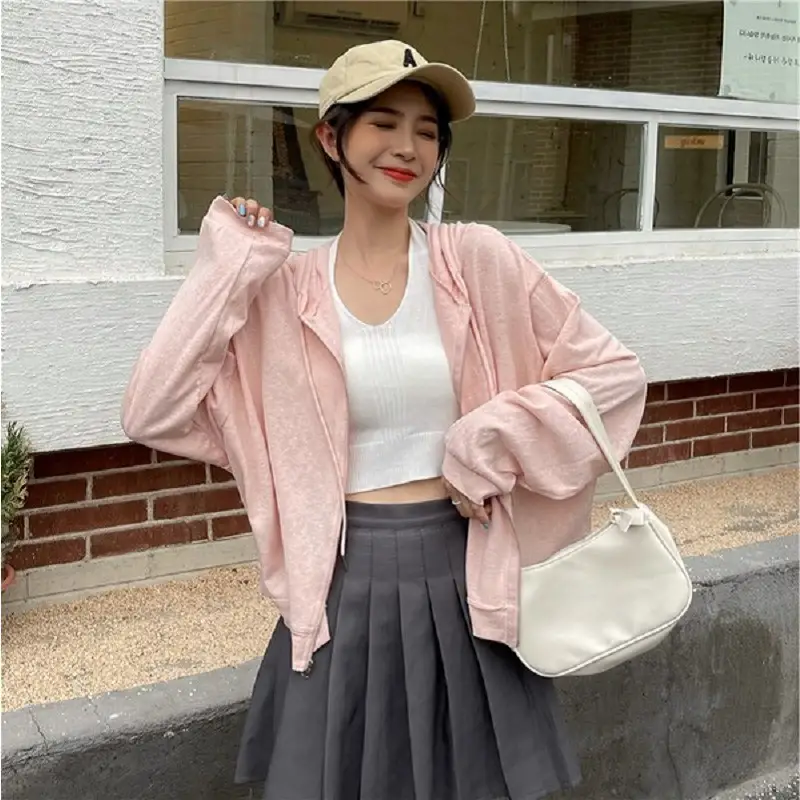 Women Loose Zipper Hooded T-Shirt Sun Protection