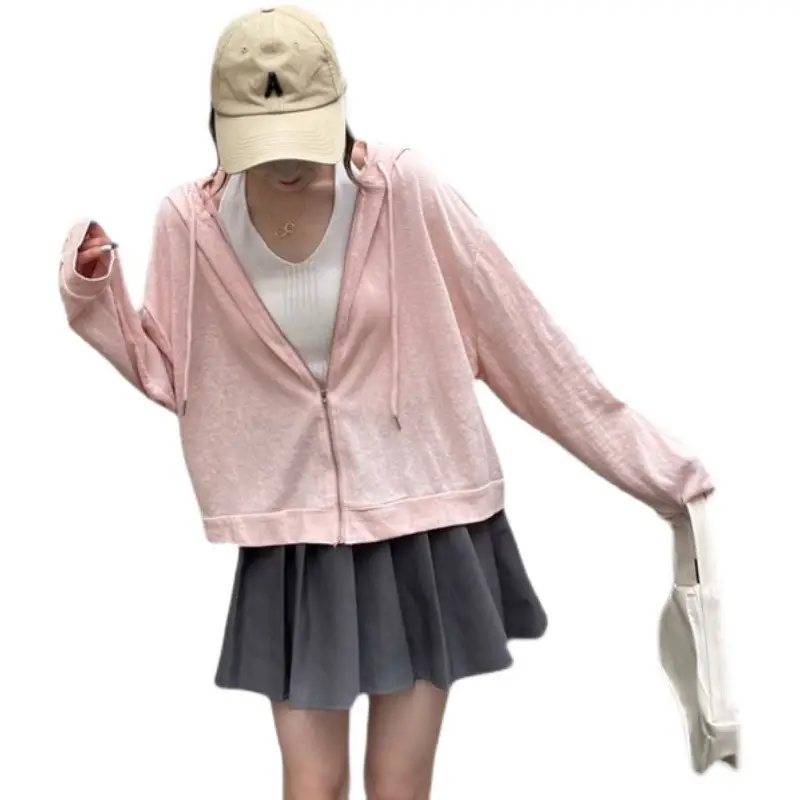 Women Loose Zipper Hooded T-Shirt Sun Protection