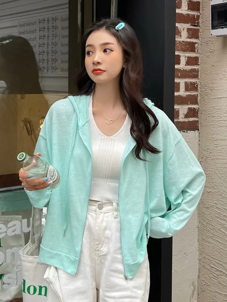 Women Loose Zipper Hooded T-Shirt Sun Protection