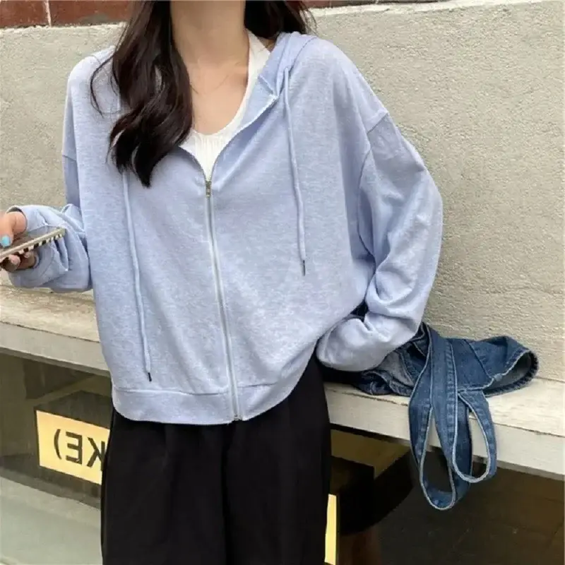 Women Loose Zipper Hooded T-Shirt Sun Protection