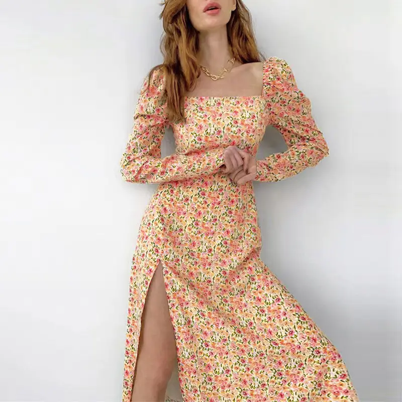 Wish2024 Long Sleeve Slit Dress Sweet Daisy Print