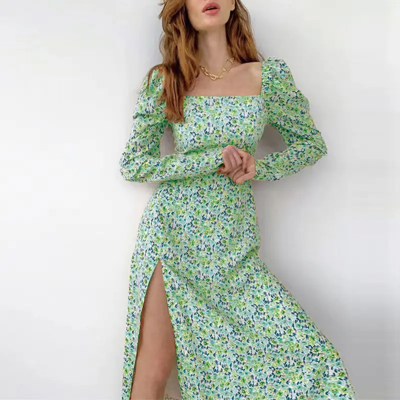 Wish2024 Long Sleeve Slit Dress Sweet Daisy Print