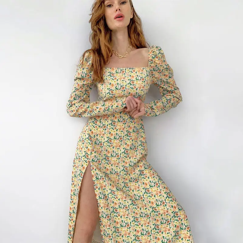 Wish2024 Long Sleeve Slit Dress Sweet Daisy Print