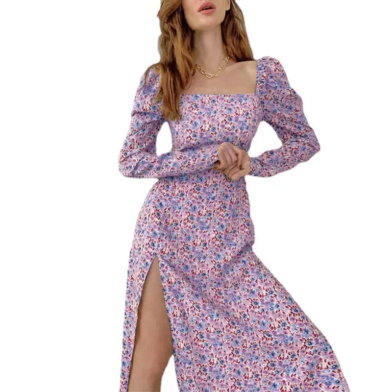 Wish2024 Long Sleeve Slit Dress Sweet Daisy Print