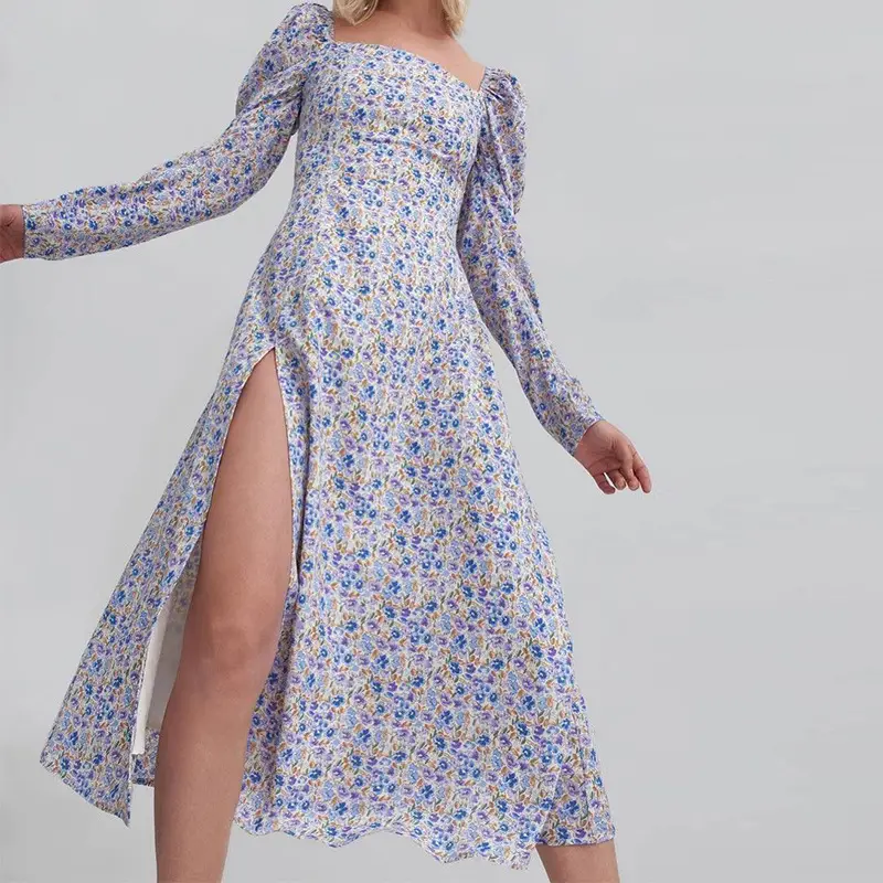 Wish2024 Long Sleeve Slit Dress Sweet Daisy Print