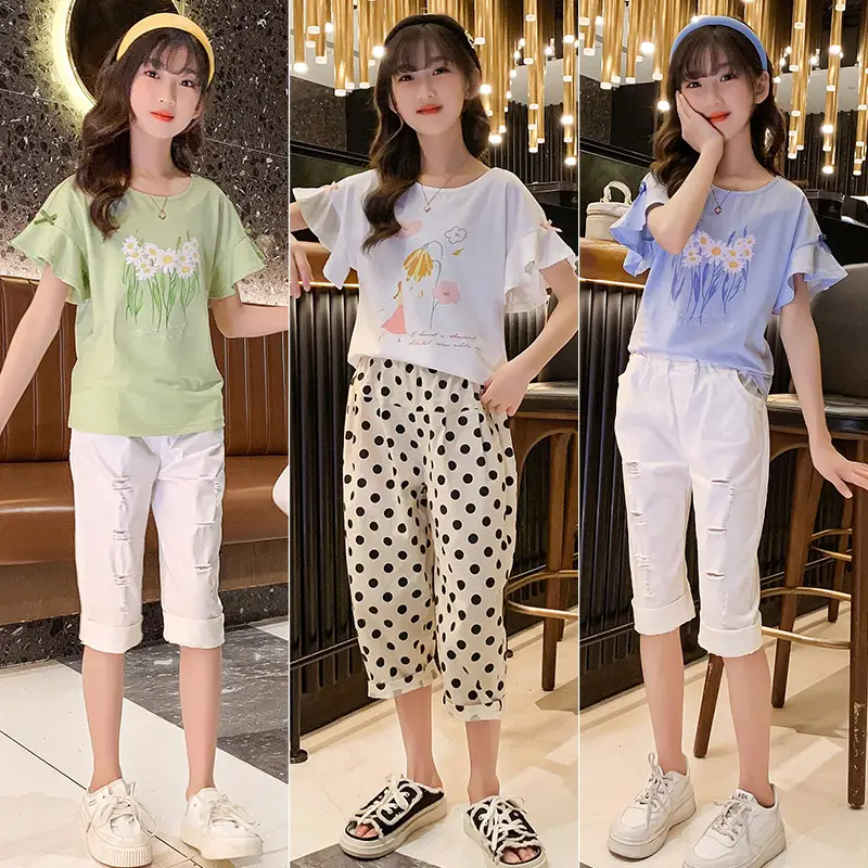 Girls Cotton Pajama Set Lotus Flying Butterfly Print - Image 5