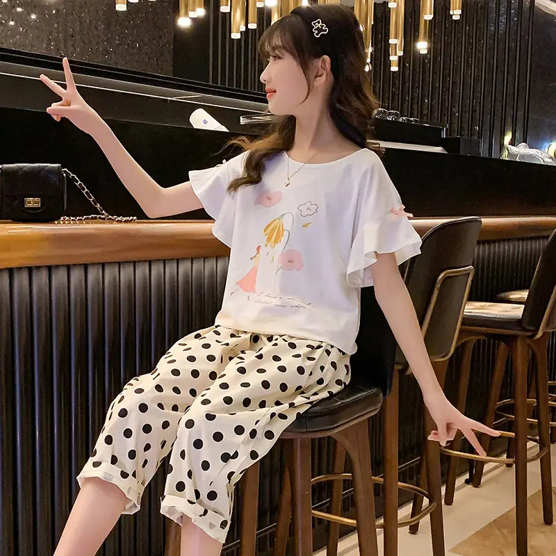 Girls Cotton Pajama Set Lotus Flying Butterfly Print - Image 6