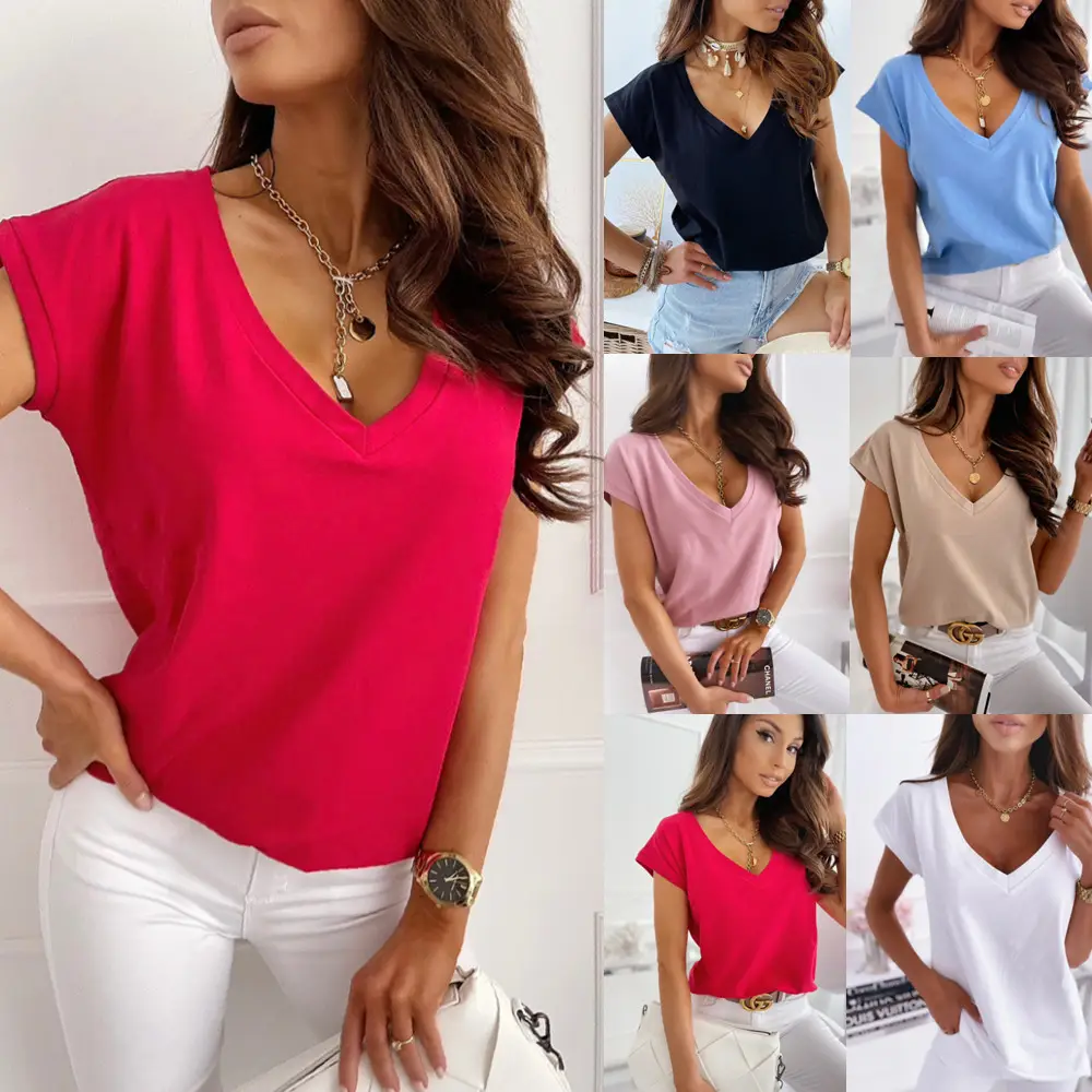 2022 Hot Spring V Neck T-Shirt Women Pure Color - Image 6