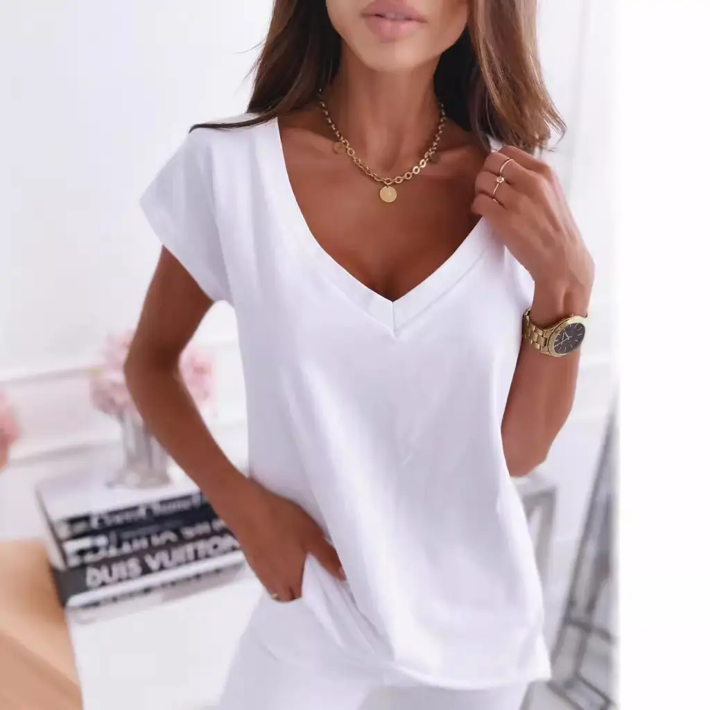 2022 Hot Spring V Neck T-Shirt Women Pure Color - Image 9