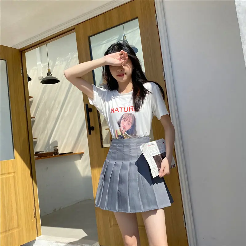 Women Pleated Skirt Grey 2022 Spring Summer High Waist - Image 2