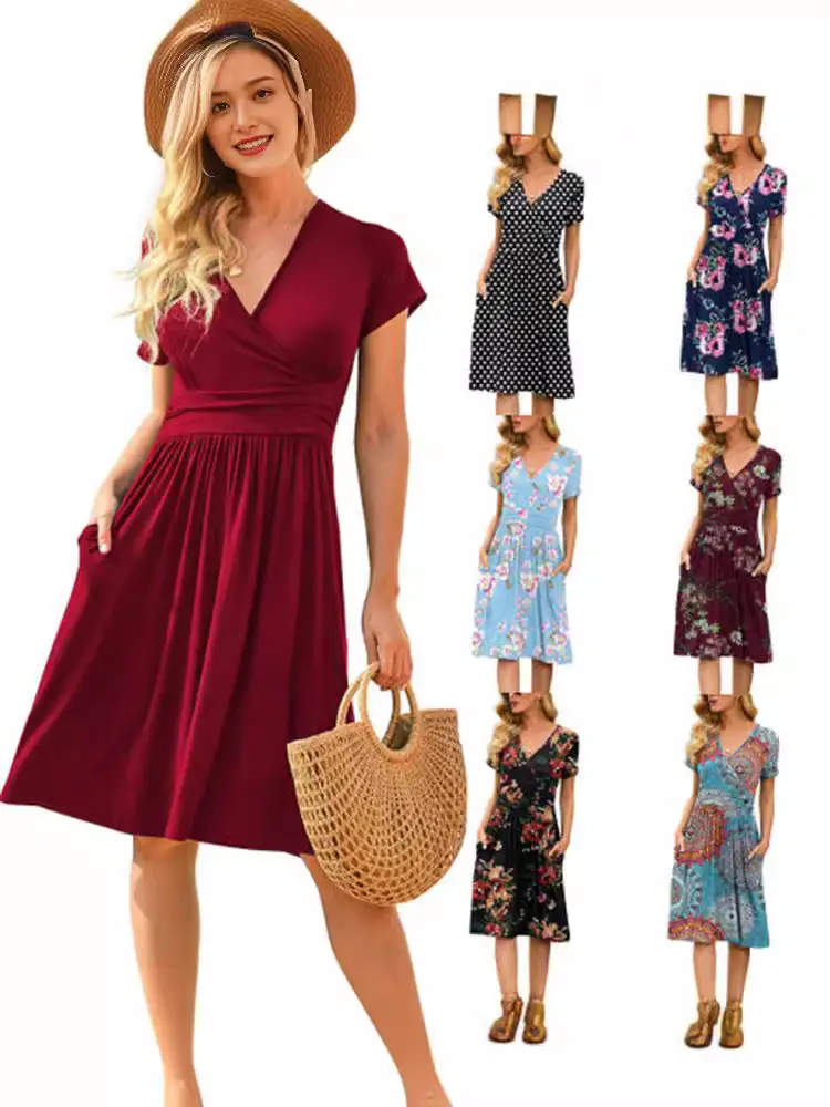 Women's Green Printed Waist Dress Mid Length Short Sleeve - Image 17