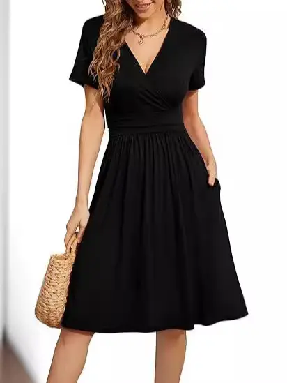Women's Green Printed Waist Dress Mid Length Short Sleeve - Image 19