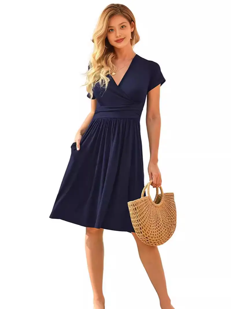 Women's Green Printed Waist Dress Mid Length Short Sleeve - Image 20