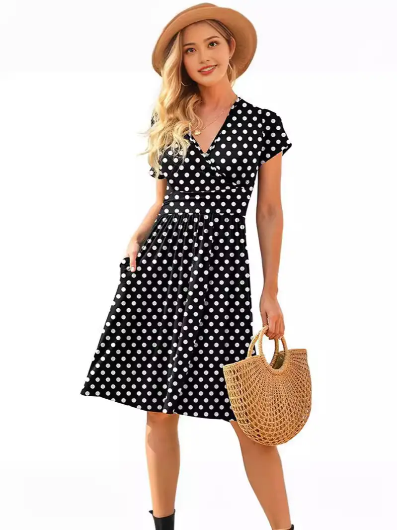 Women's Green Printed Waist Dress Mid Length Short Sleeve - Image 21