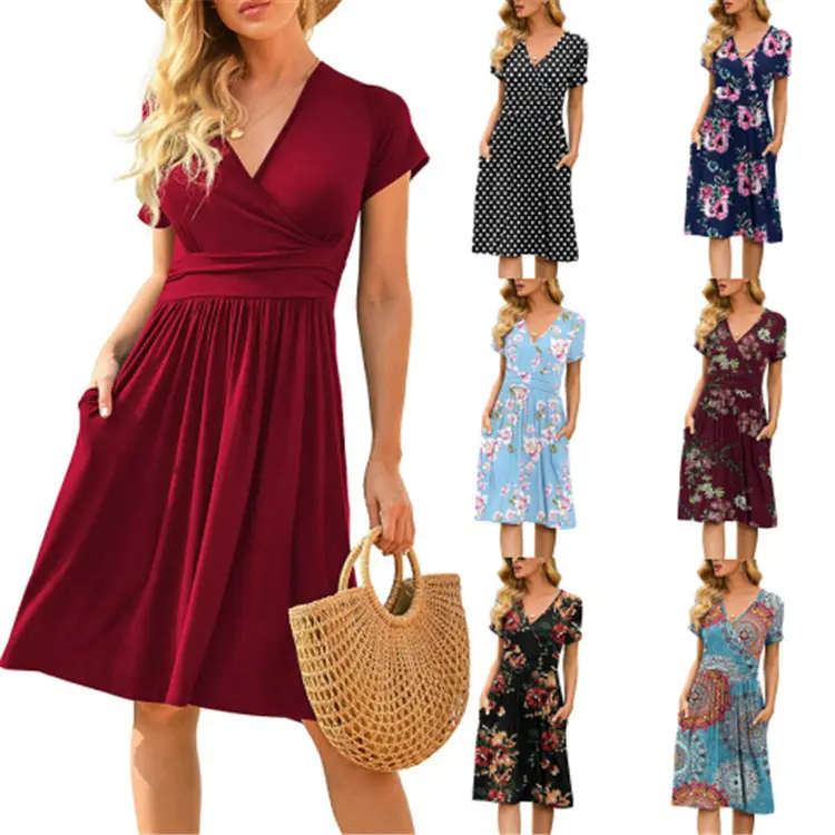 Women's Green Printed Waist Dress Mid Length Short Sleeve — feature 2
