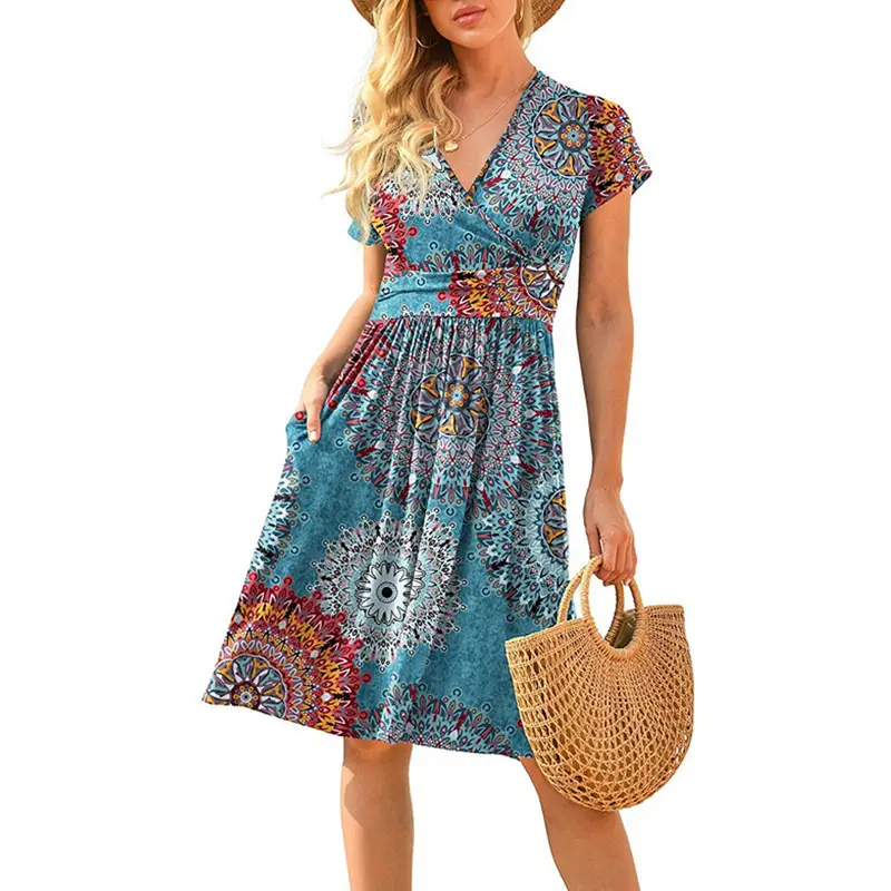 Women's Green Printed Waist Dress Mid Length Short Sleeve — feature 20