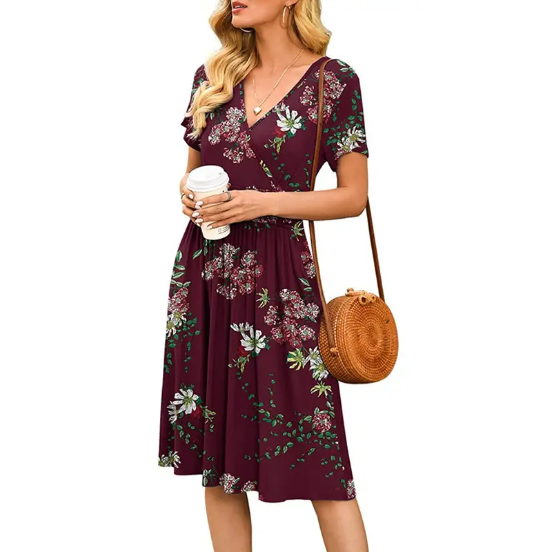 Women's Green Printed Waist Dress Mid Length Short Sleeve — feature 22