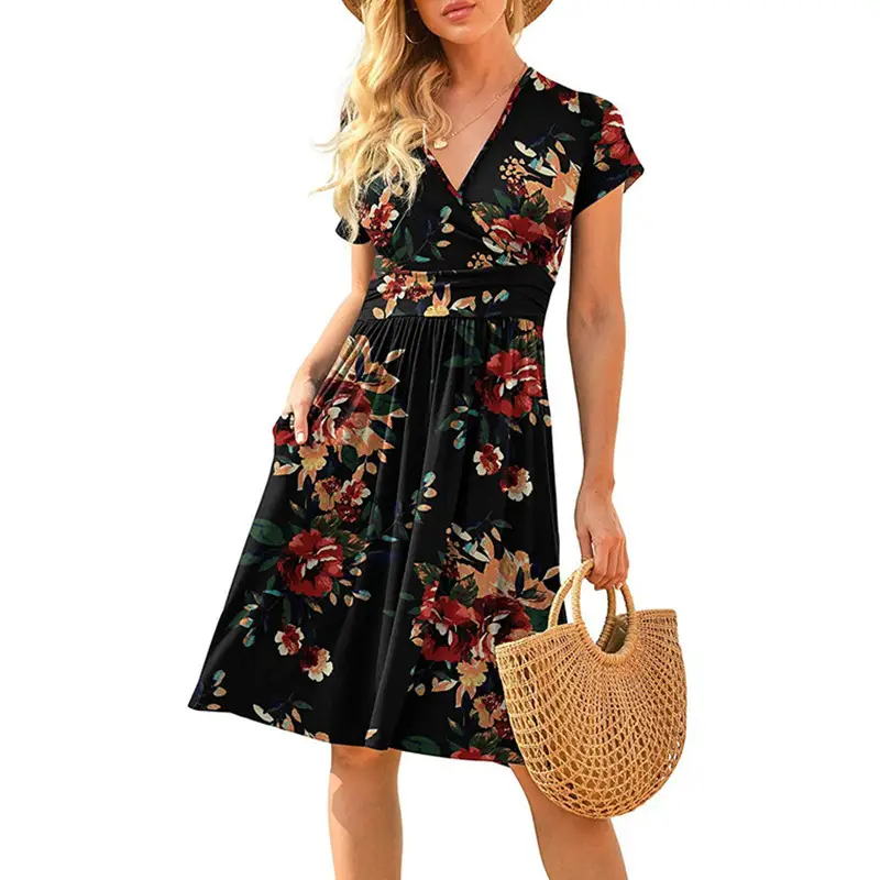 Women's Green Printed Waist Dress Mid Length Short Sleeve — feature 31