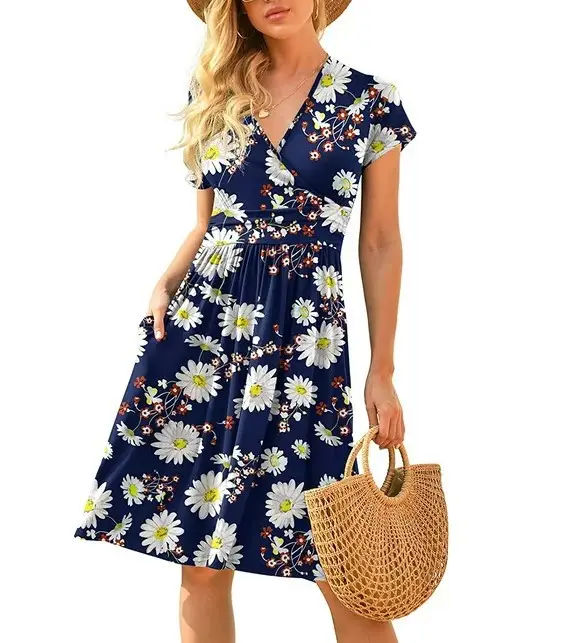 Women's Green Printed Waist Dress Mid Length Short Sleeve - Image 11