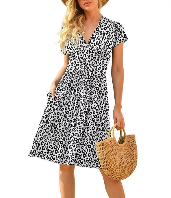Women's Green Printed Waist Dress Mid Length Short Sleeve - Image 12