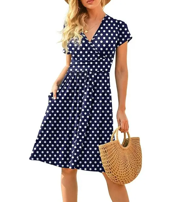 Women's Green Printed Waist Dress Mid Length Short Sleeve - Image 13