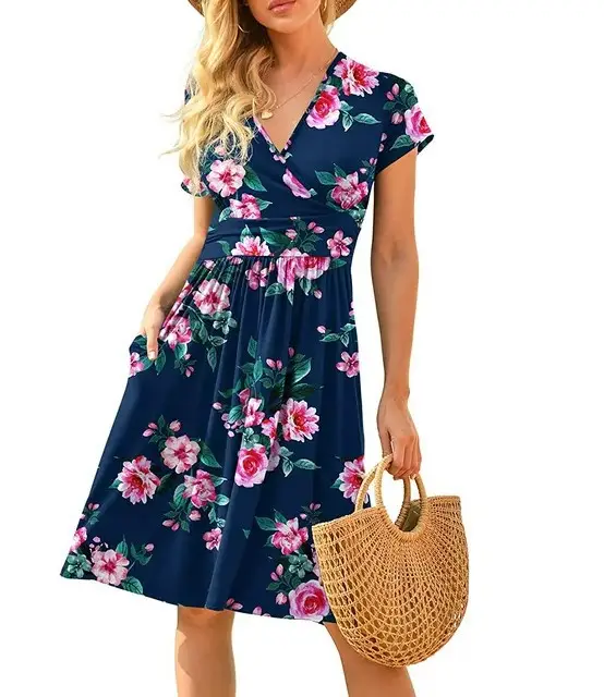 Women's Green Printed Waist Dress Mid Length Short Sleeve - Image 14