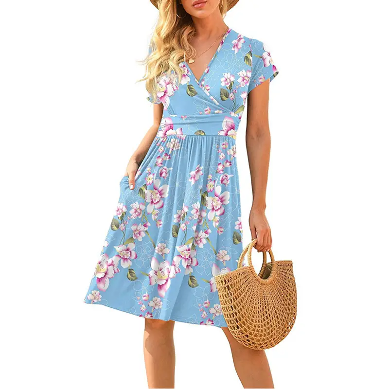 Women's Green Printed Waist Dress Mid Length Short Sleeve - Image 6