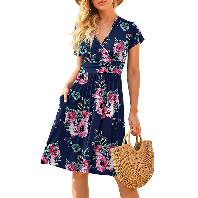 Women's Green Printed Waist Dress Mid Length Short Sleeve - Image 8