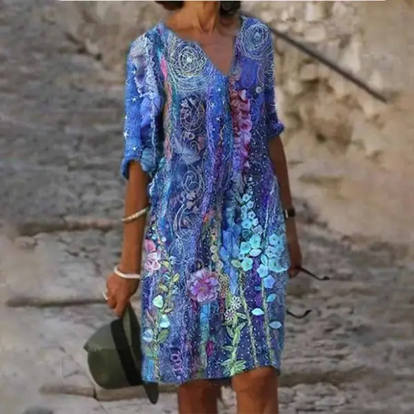 2023 Printed V-Neck Cotton Linen Dress Women - Image 5