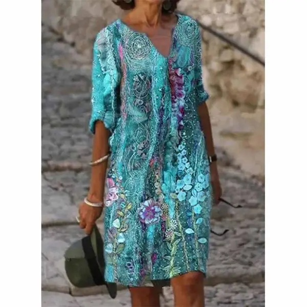 2023 Printed V-Neck Cotton Linen Dress Women - Image 8