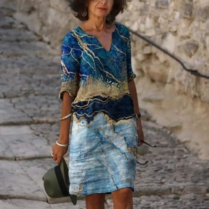 2023 Printed V-Neck Cotton Linen Dress Women - Image 4