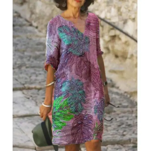 2023 Printed V-Neck Cotton Linen Dress Women - Image 2