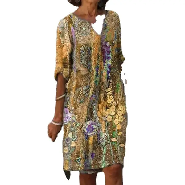 2023 Printed V-Neck Cotton Linen Dress Women - Image 9