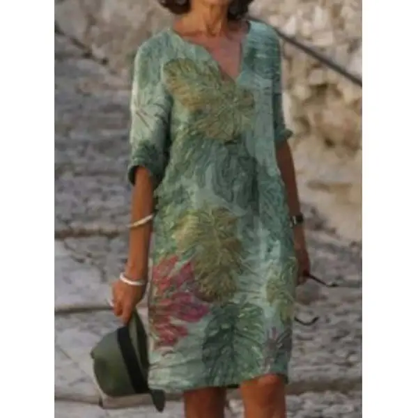 2023 Printed V-Neck Cotton Linen Dress Women - Image 6