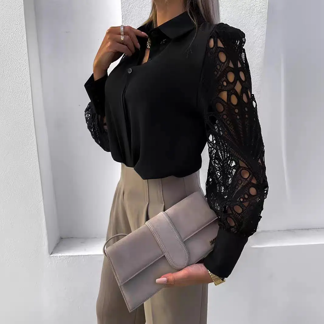 Women's Black Lace Crossbody Shirt with Long Sleeves