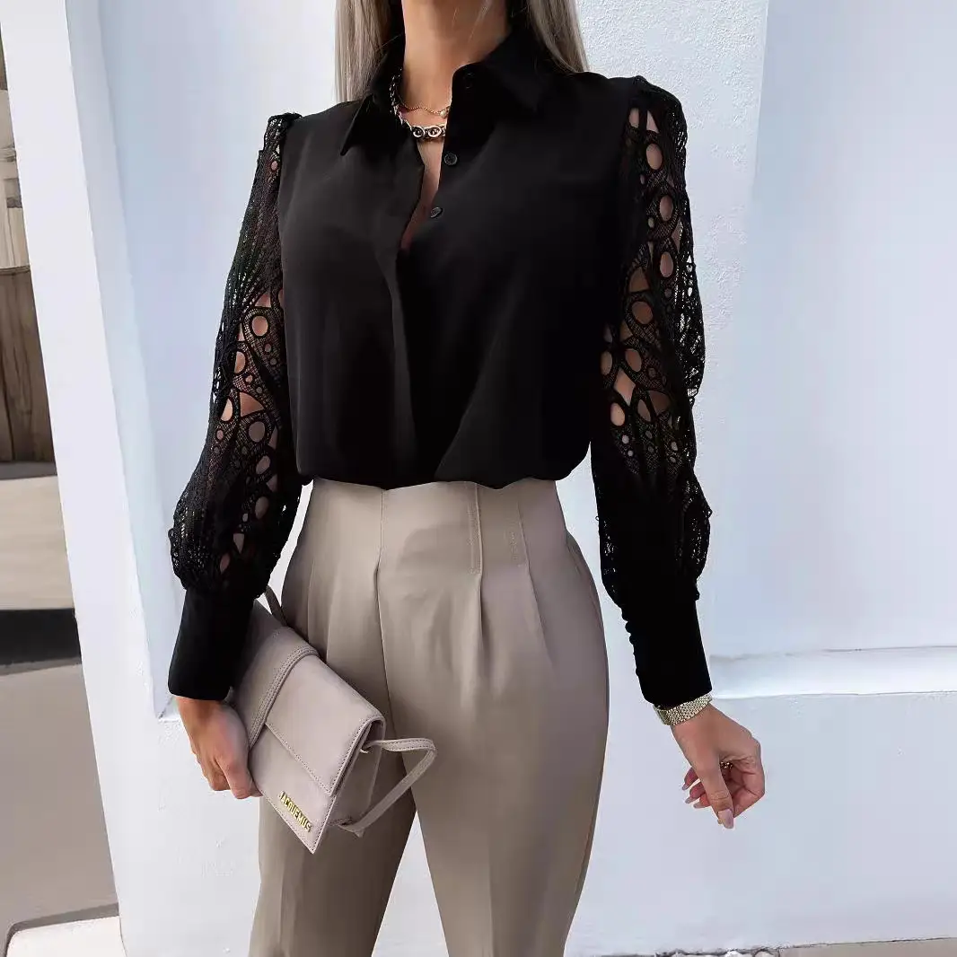 Women's Black Lace Crossbody Shirt with Long Sleeves