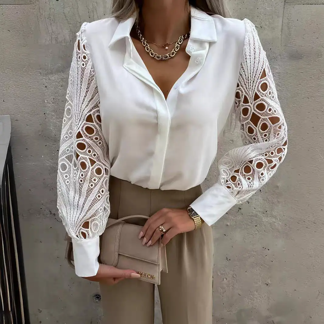 Women's Black Lace Crossbody Shirt with Long Sleeves