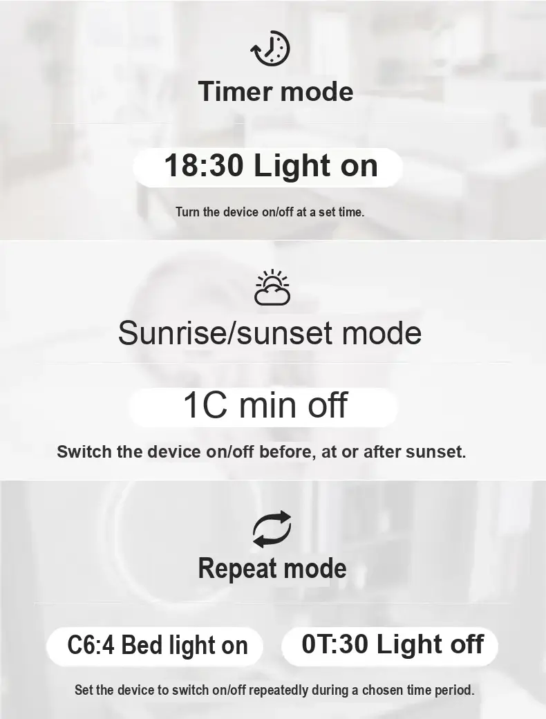 Examples of scheduled, sunrise and sunset, and repeating switching modes.