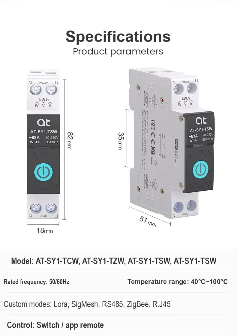 Product parameter panel showing breaker dimensions, model text, frequency, temperature range, and control.